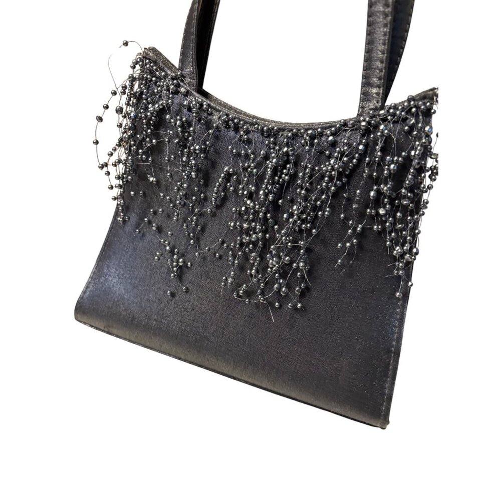 Vintage Black Satin Evening Bag Cascading Beaded Pearl Detail Double Handle Form